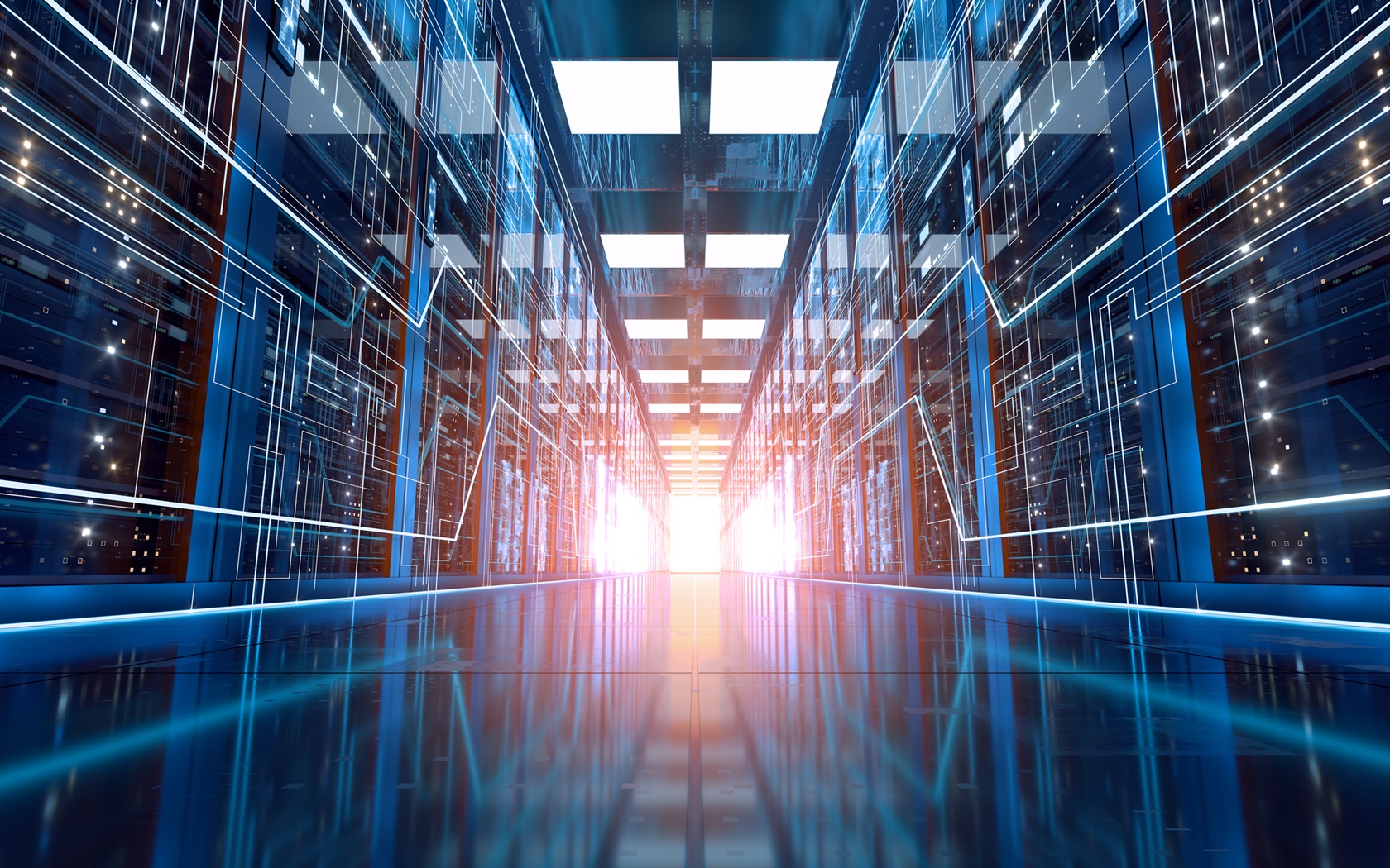Futuristic data center corridor with digital overlay graphics
