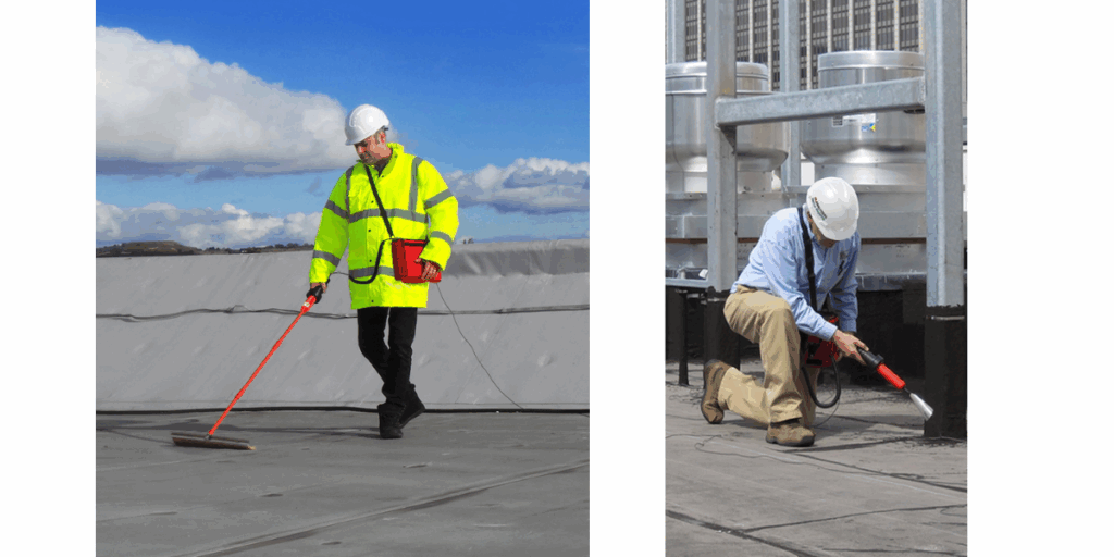 Technicians performing High Voltage ELD using wand and brush electrode methods to test roofing membrane for leaks.