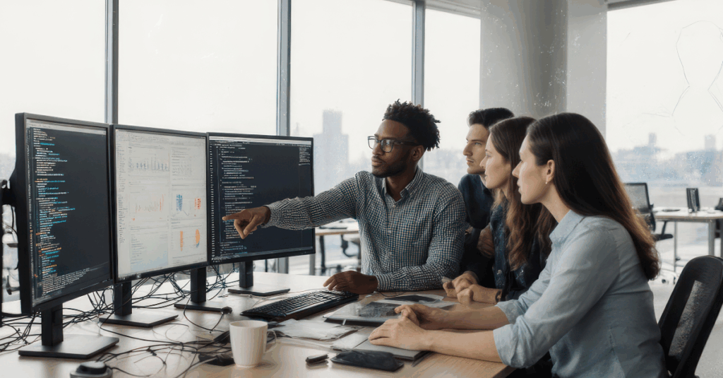Team reviewing data on multiple monitors